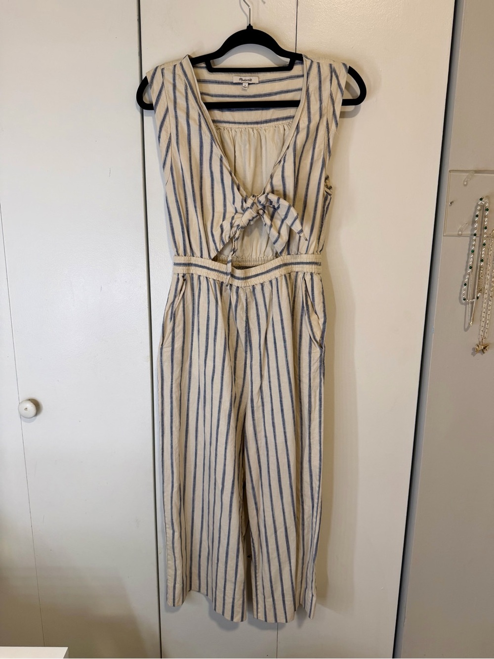 Madewell Striped Tie-Front Jumpsuit - Blue & Cream
